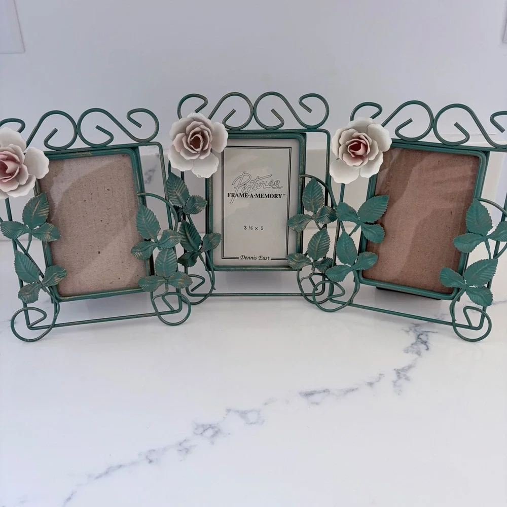 Vintage 1997 Dennis East Metal Rose Picture Frames Set of 3 Teal Cottagecore 3x5